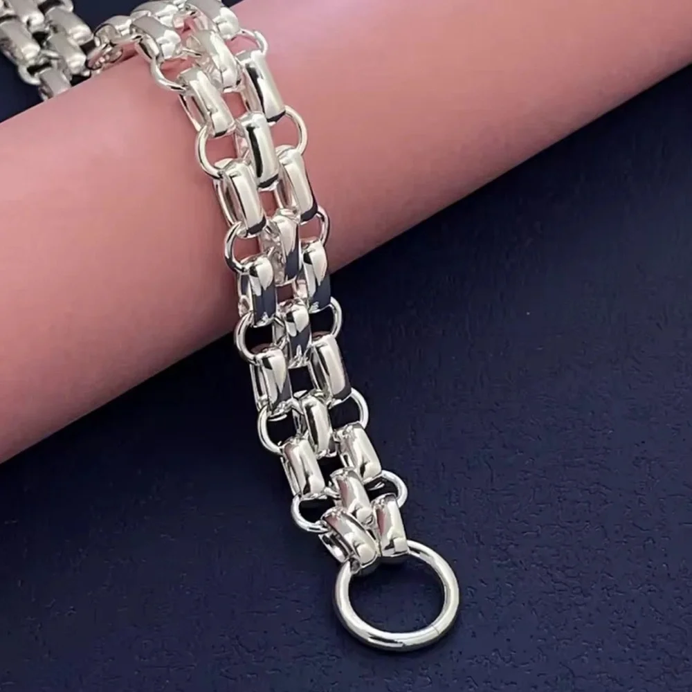 Sterling Silver Chain Link Cuban Mesh Lattice Stamped 925 Bracelet - Picture 3 of 5